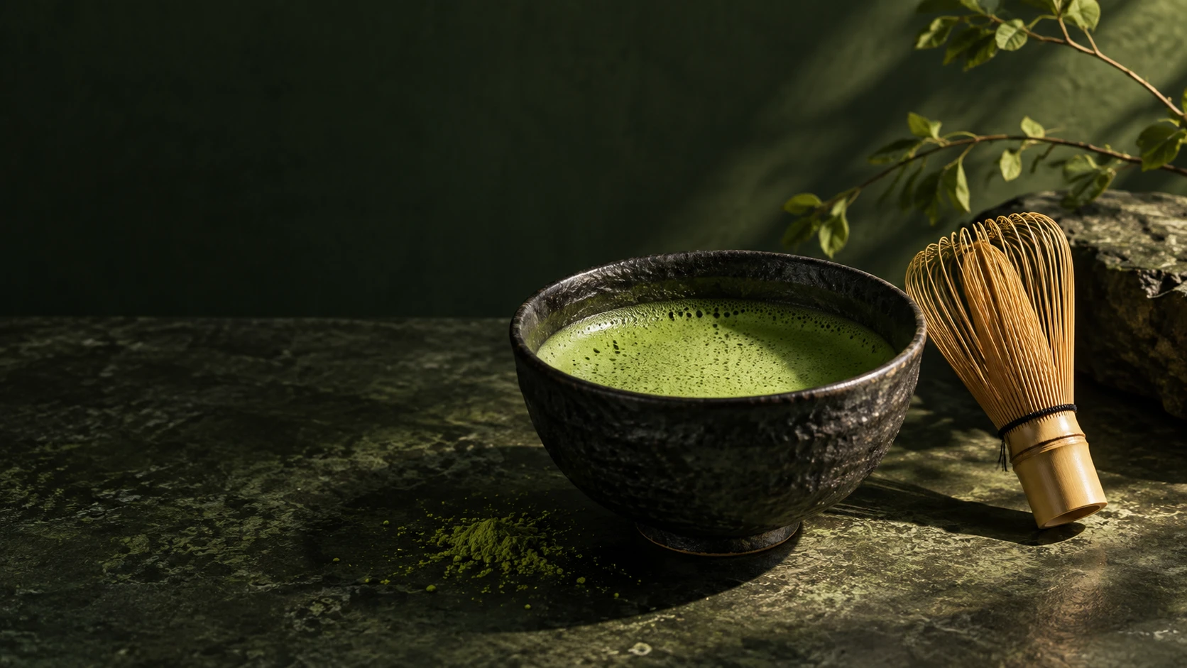 幽绿光影中的黑釉茶盏、抹茶与竹茶筅，原创艺术静物