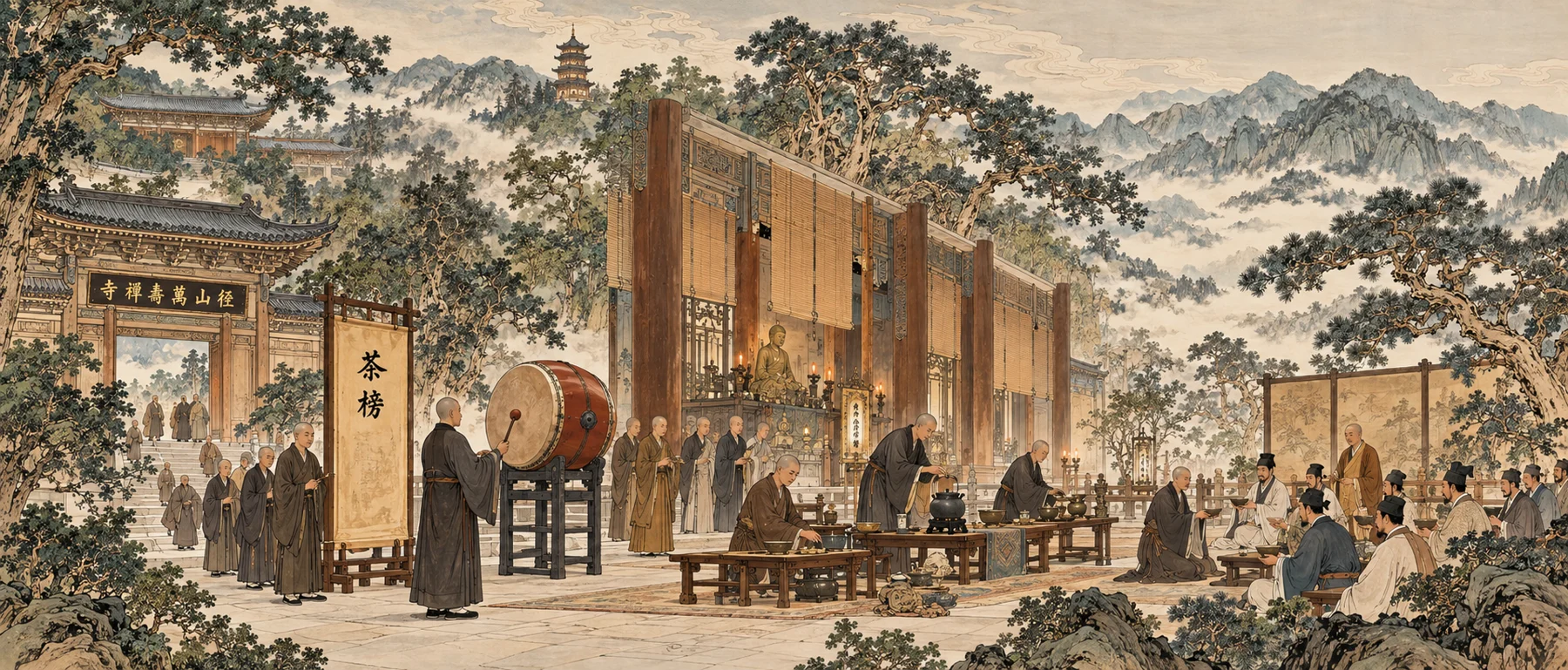 径山茶宴艺术画面：山水庭院中击茶鼓、点茶与行盏的场景